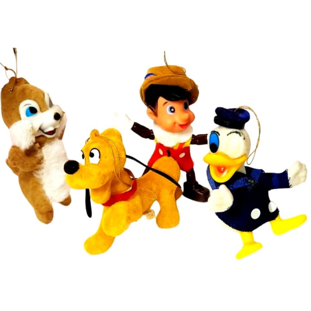 Vintage Disney Flocked Plastic Donald Pluto Dale & Pinocchio Christmas Ornaments